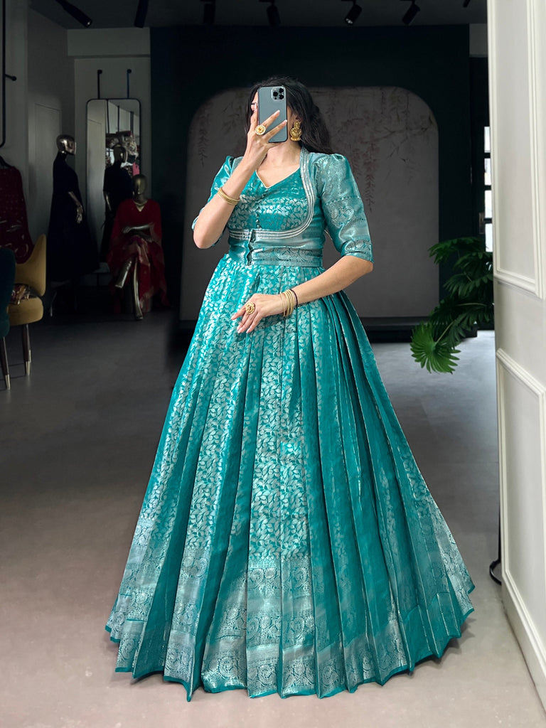 Firozi Stitched Kanjivaram Gown with Zari Weaving & Lace Touch-Up with Matching Koti – Elegant 2-Piece Ensemble ClothsVilla