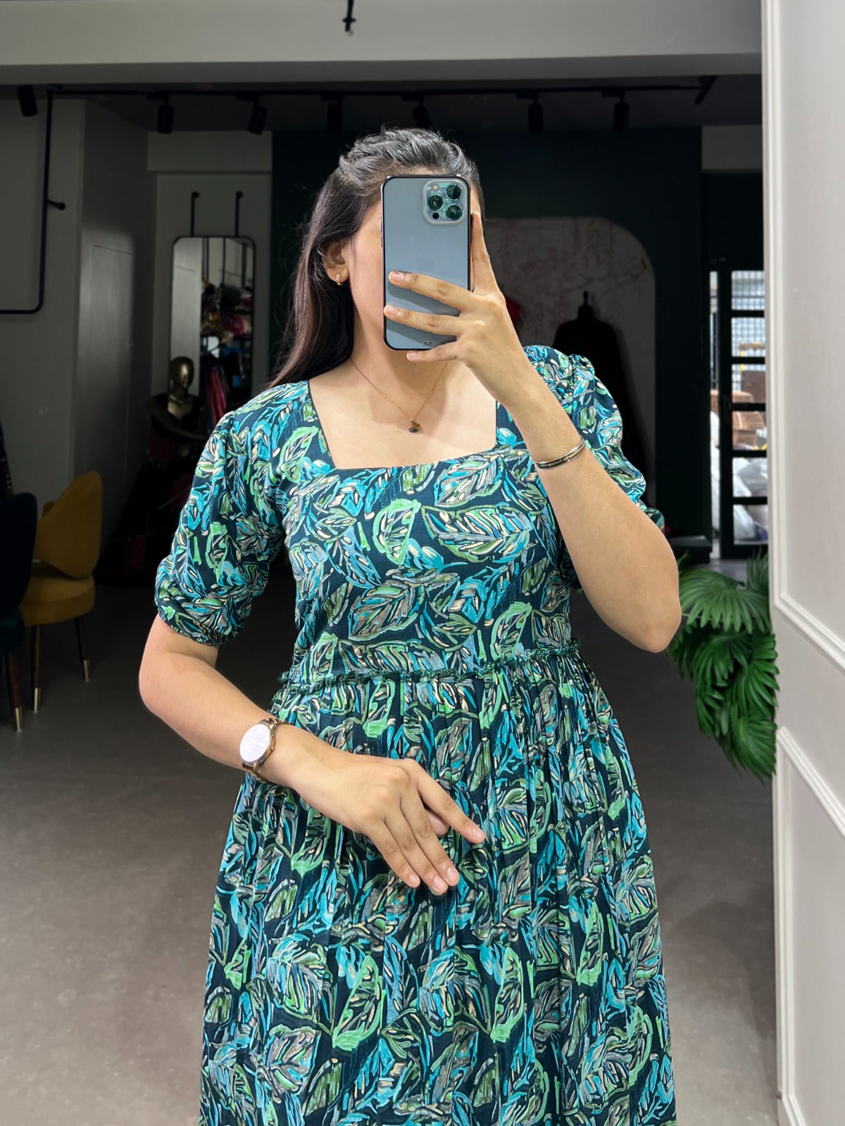 Firozi Stylish Foil Print Rayon Frock for Women ClothsVilla