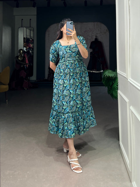 Firozi Stylish Foil Print Rayon Frock for Women ClothsVilla Main image