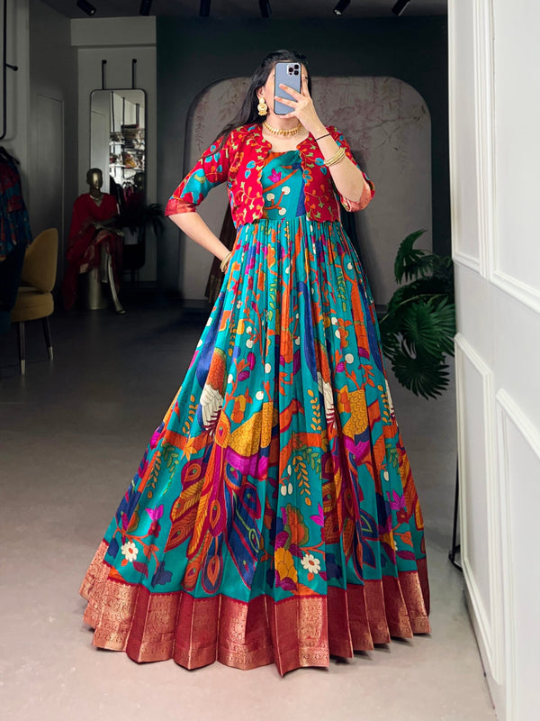 Firozi Tasar Silk Kalamkari Print Stitched Gown with Zari Weaving Koti – Full Flair Party Wear Gown Set for Women ClothsVilla