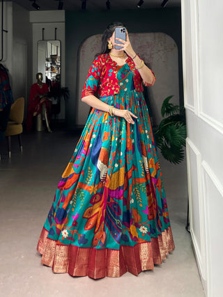 Firozi Tasar Silk Kalamkari Print Stitched Gown with Zari Weaving Koti – Full Flair Party Wear Gown Set for Women ClothsVilla