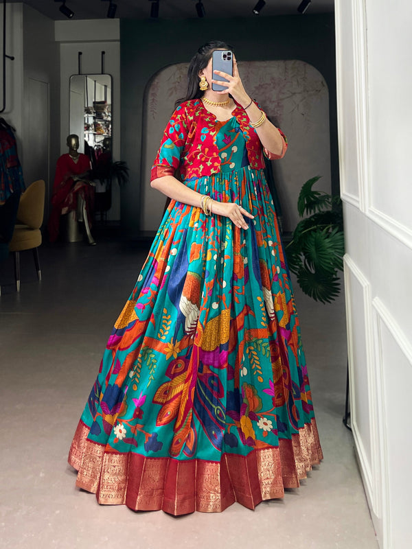 Firozi Tasar Silk Kalamkari Print Stitched Gown with Zari Weaving Koti – Full Flair Party Wear Gown Set for Women ClothsVilla