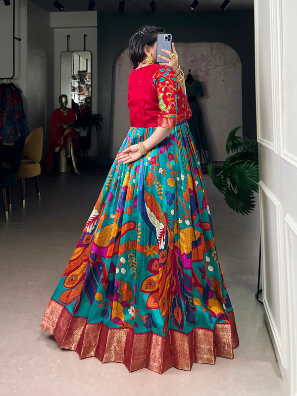 Firozi Tasar Silk Kalamkari Print Stitched Gown with Zari Weaving Koti – Full Flair Party Wear Gown Set for Women ClothsVilla