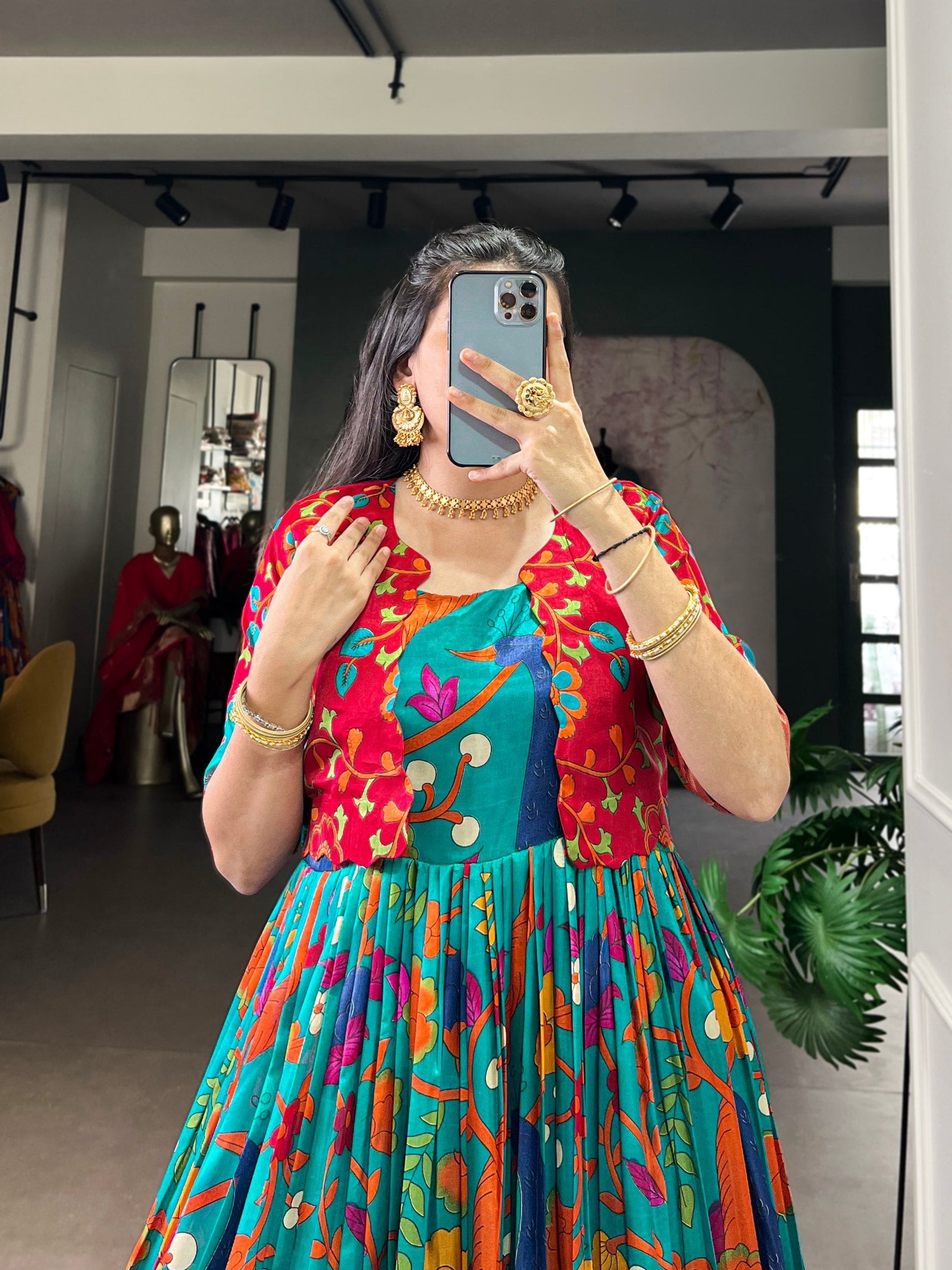 Firozi Tasar Silk Kalamkari Print Stitched Gown with Zari Weaving Koti – Full Flair Party Wear Gown Set for Women ClothsVilla