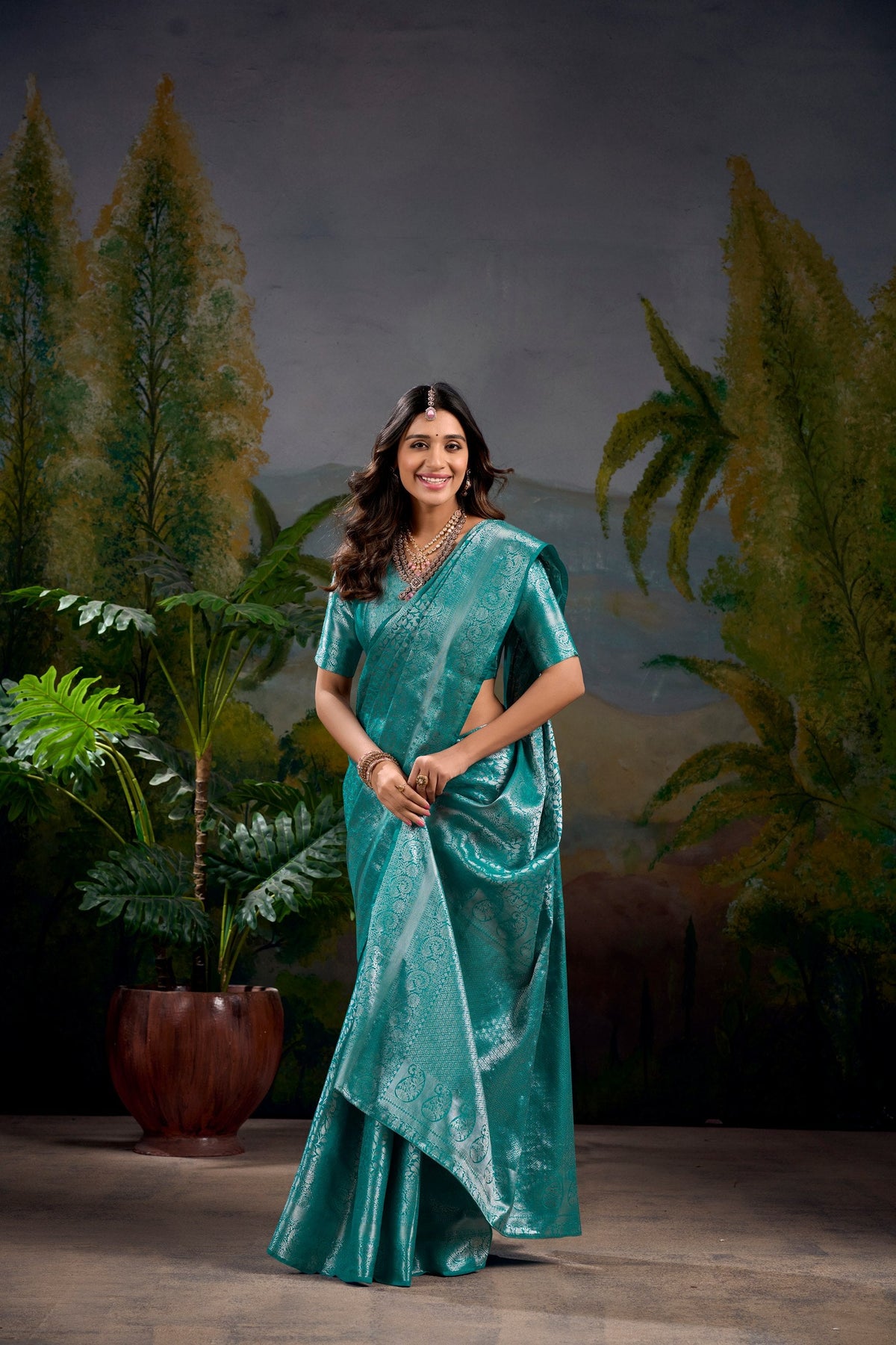 Firozi Timeless Kanjivaram Saree with Exquisite Zari Weaving ClothsVilla Main image