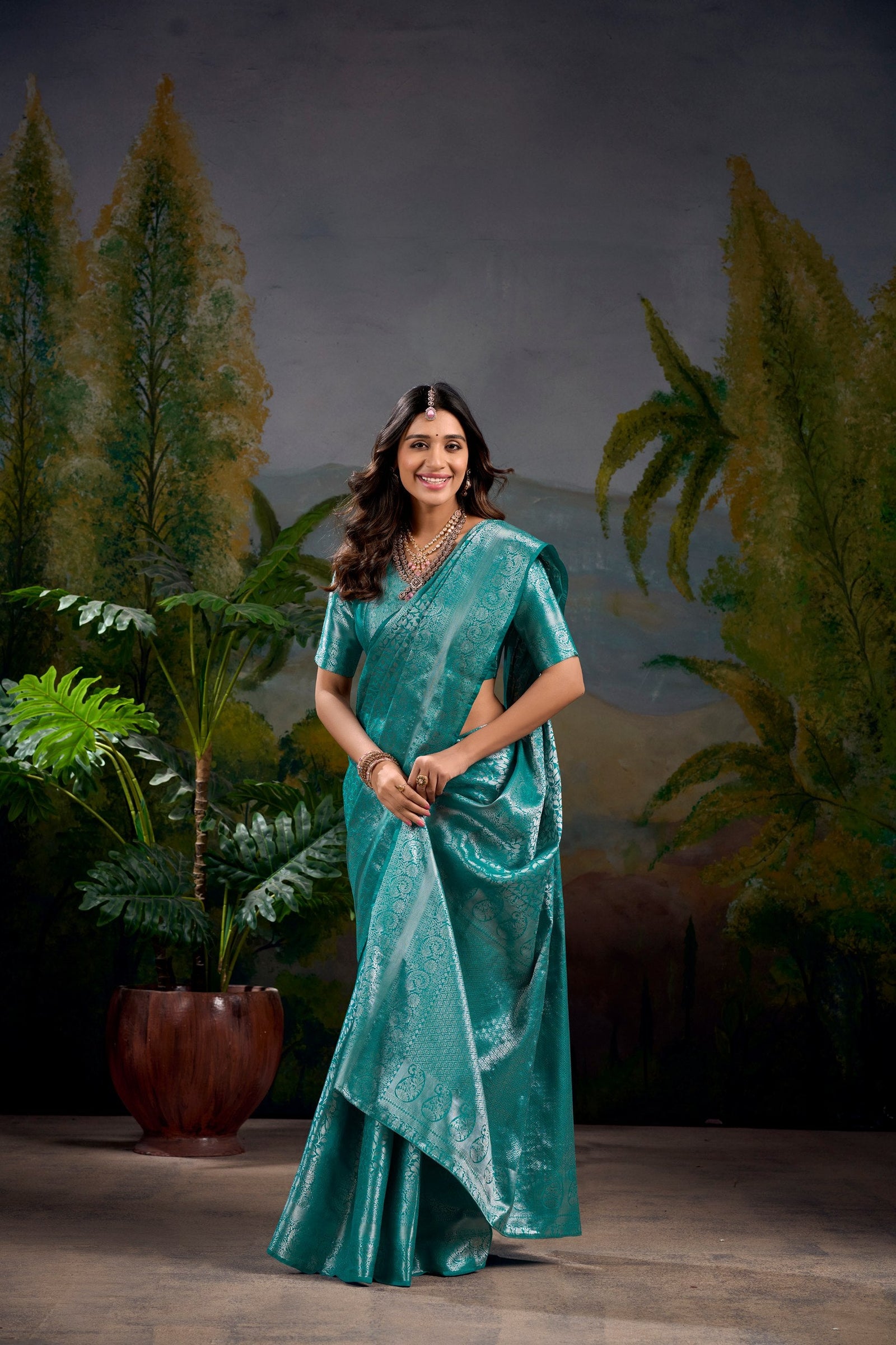 Firozi Timeless Kanjivaram Saree with Exquisite Zari Weaving ClothsVilla