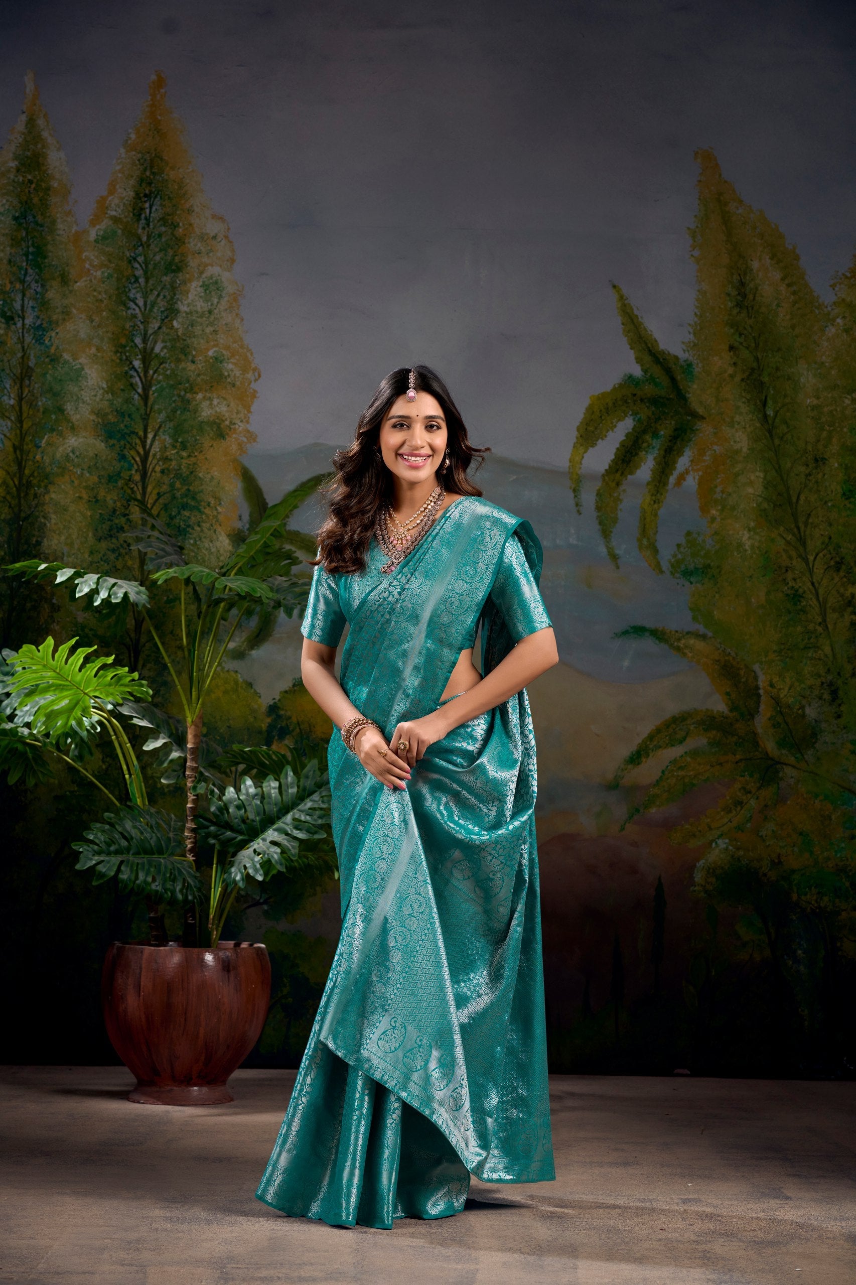 Firozi Timeless Kanjivaram Saree with Exquisite Zari Weaving ClothsVilla Main image