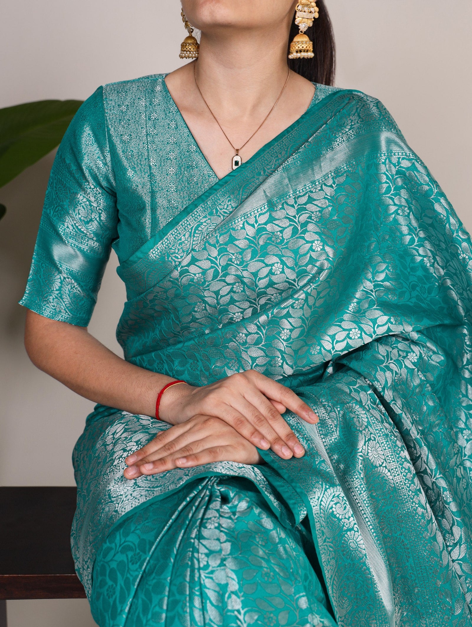 Firozi Timeless Kanjivaram Saree with Exquisite Zari Weaving ClothsVilla