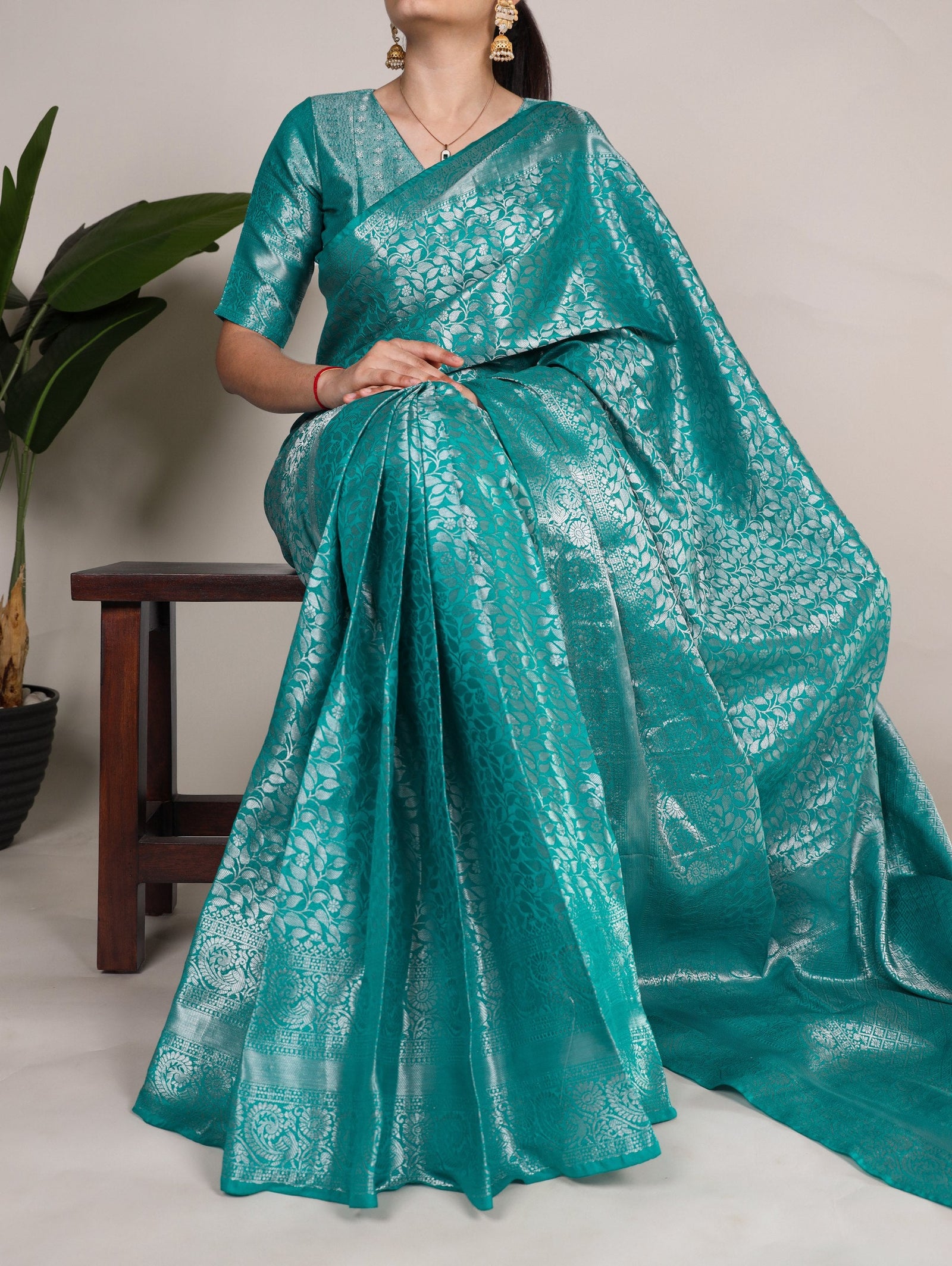 Firozi Timeless Kanjivaram Saree with Exquisite Zari Weaving ClothsVilla