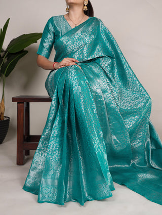 Firozi Timeless Kanjivaram Saree with Exquisite Zari Weaving ClothsVilla