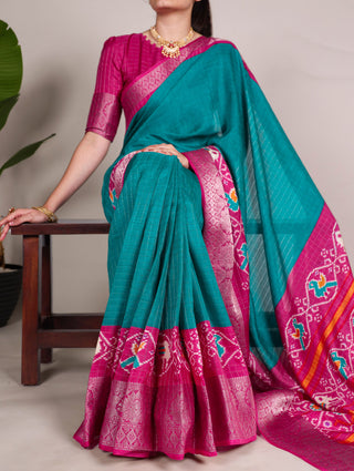 Firozi Tussar Chex Saree with Patola Print and Weaving Work Border