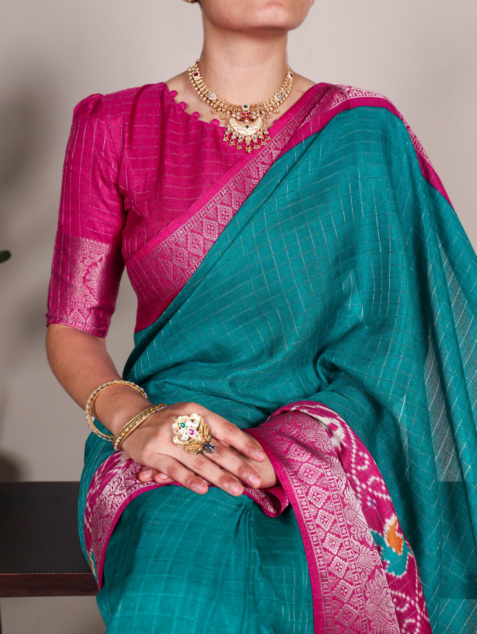 Firozi Tussar Chex Saree with Patola Print and Weaving Work Border