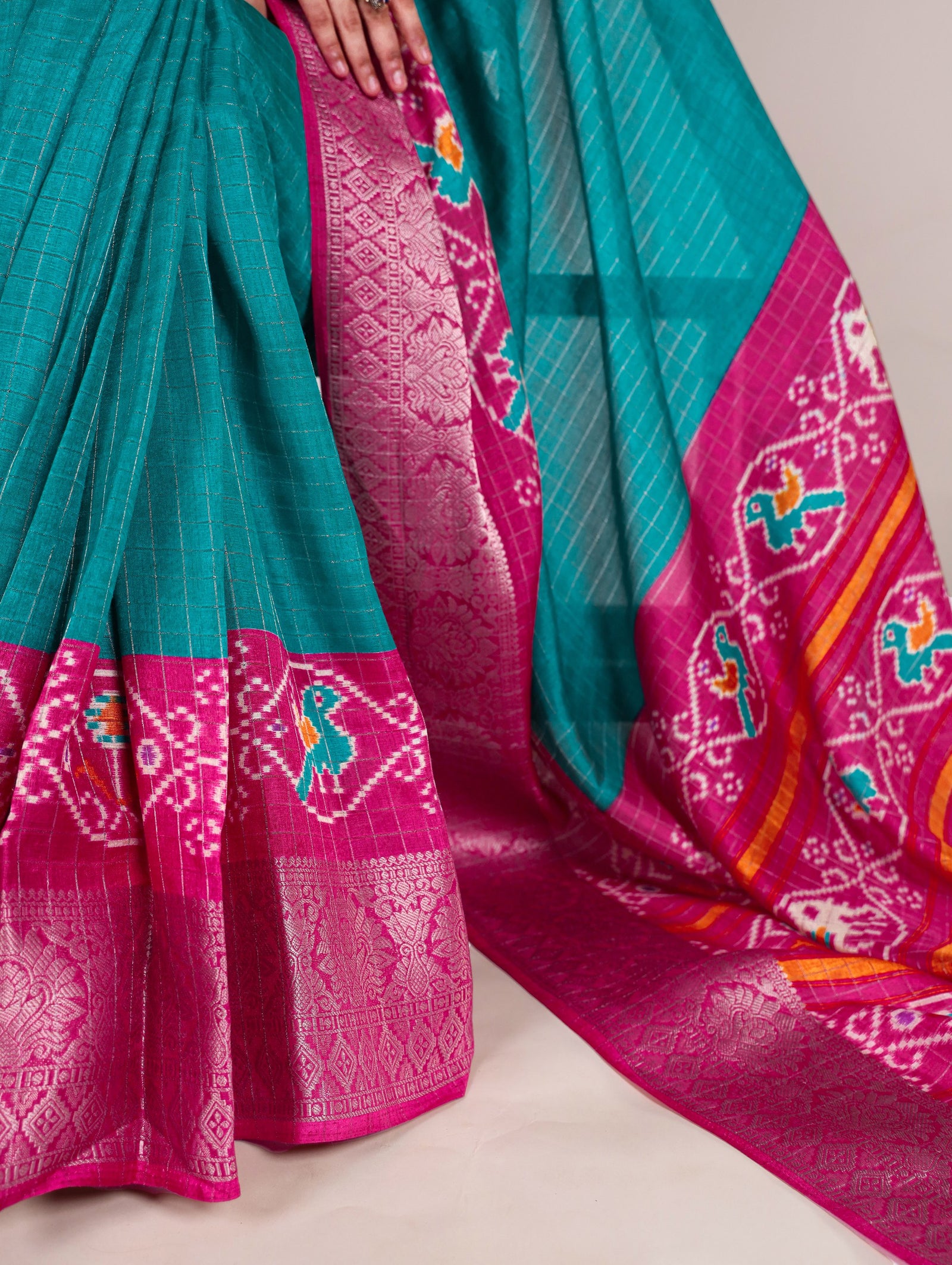 Firozi Tussar Chex Saree with Patola Print and Weaving Work Border
