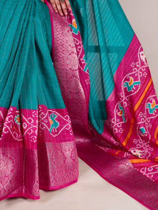 Firozi Tussar Chex Saree with Patola Print and Weaving Work Border