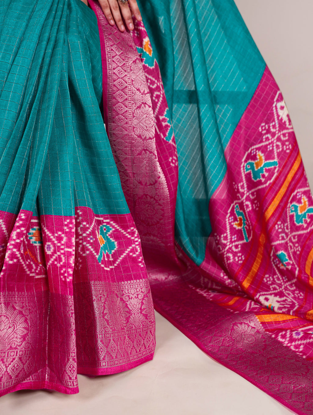 Firozi Tussar Chex Saree with Patola Print and Weaving Work Border