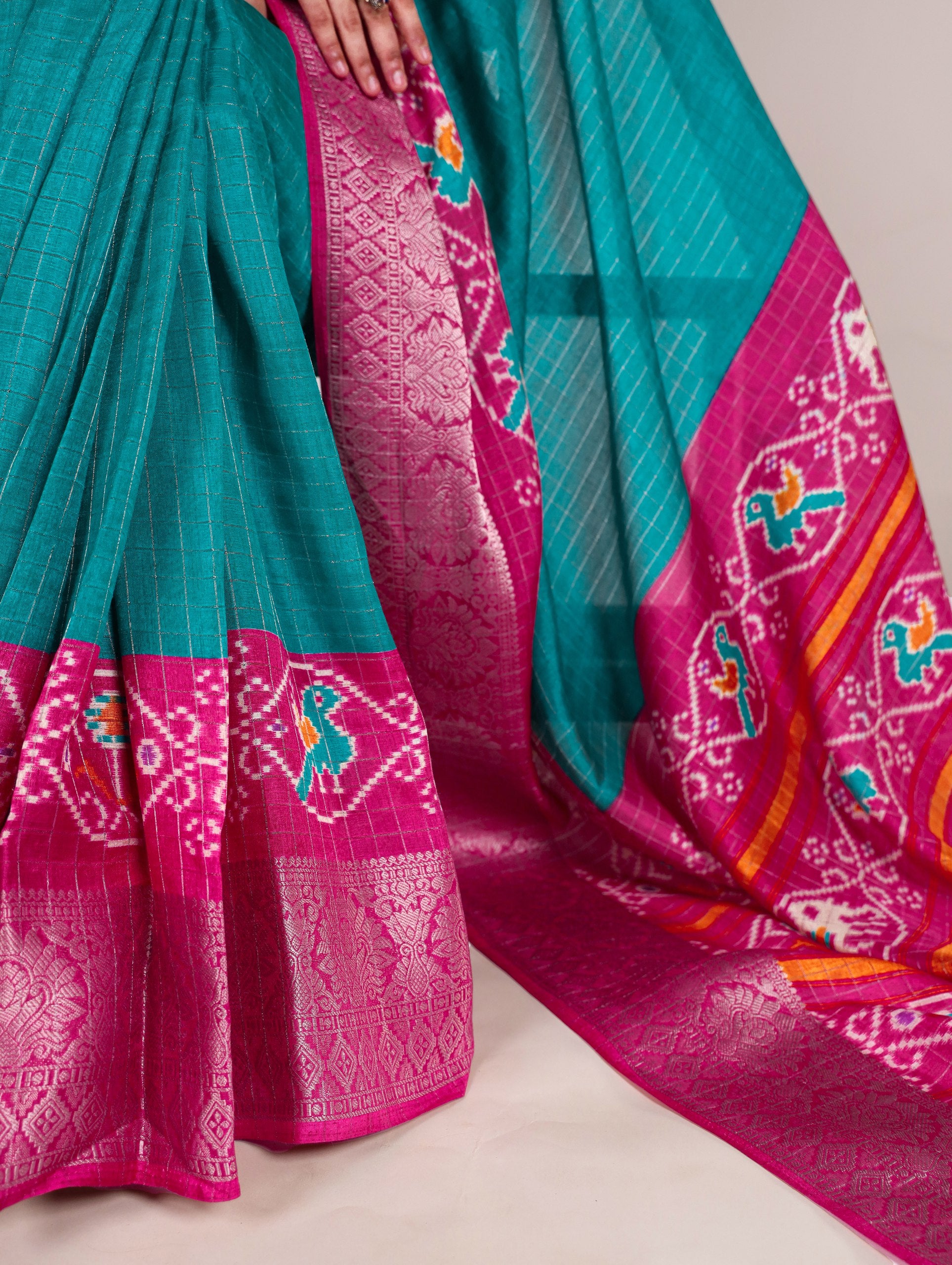 Firozi Tussar Chex Saree with Patola Print and Weaving Work Border