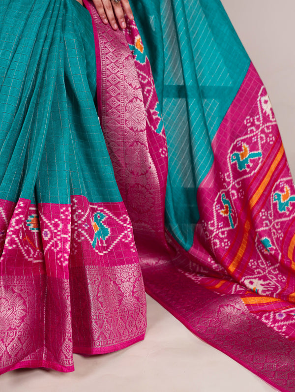 Firozi Tussar Chex Saree with Patola Print and Weaving Work Border