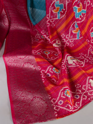 Firozi Tussar Chex Saree with Patola Print and Weaving Work Border