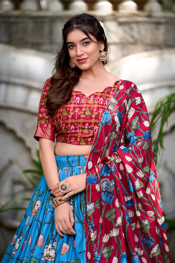 Firozi Tussar Silk Lehenga Choli with Pichwai & Patola Prints ClothsVilla