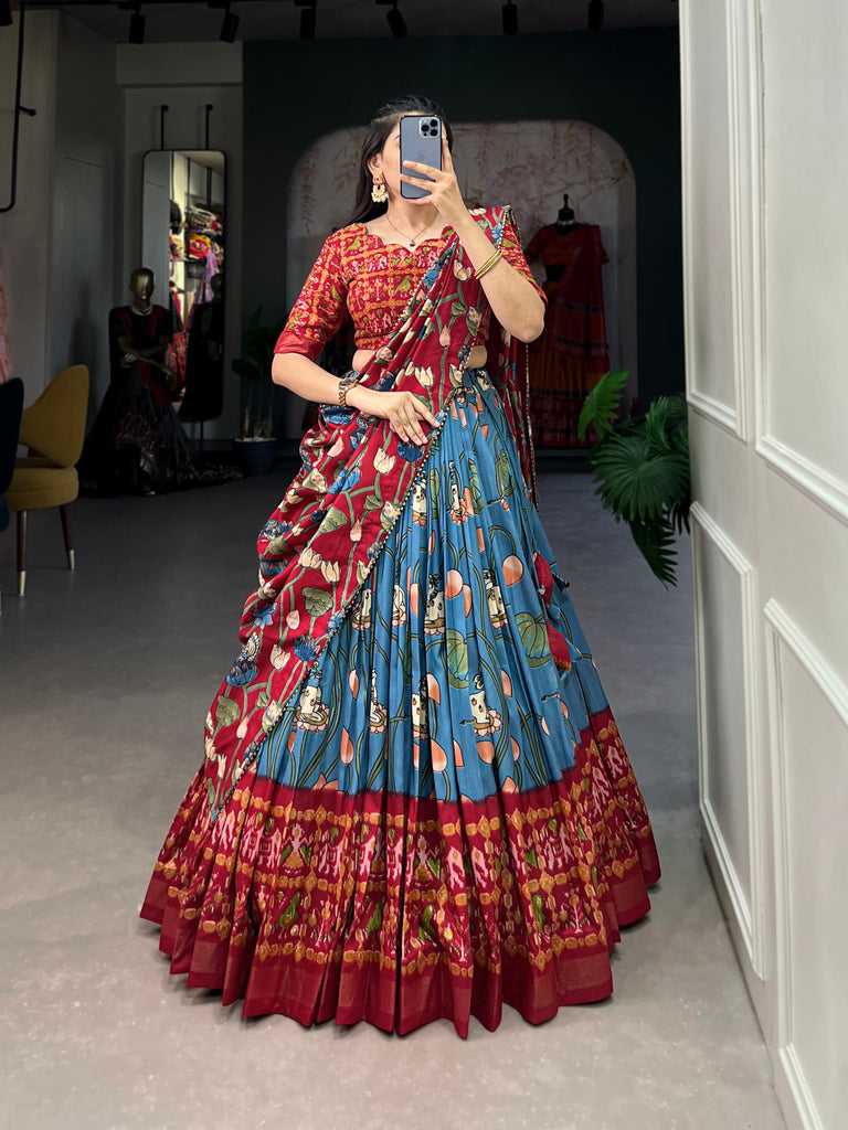 Firozi Tussar Silk Lehenga Choli with Pichwai & Patola Prints ClothsVilla