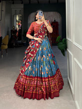 Load image into Gallery viewer, Firozi Tussar Silk Lehenga Choli with Pichwai &amp; Patola Prints ClothsVilla