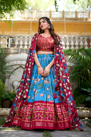 Firozi Tussar Silk Lehenga Choli with Pichwai & Patola Prints ClothsVilla