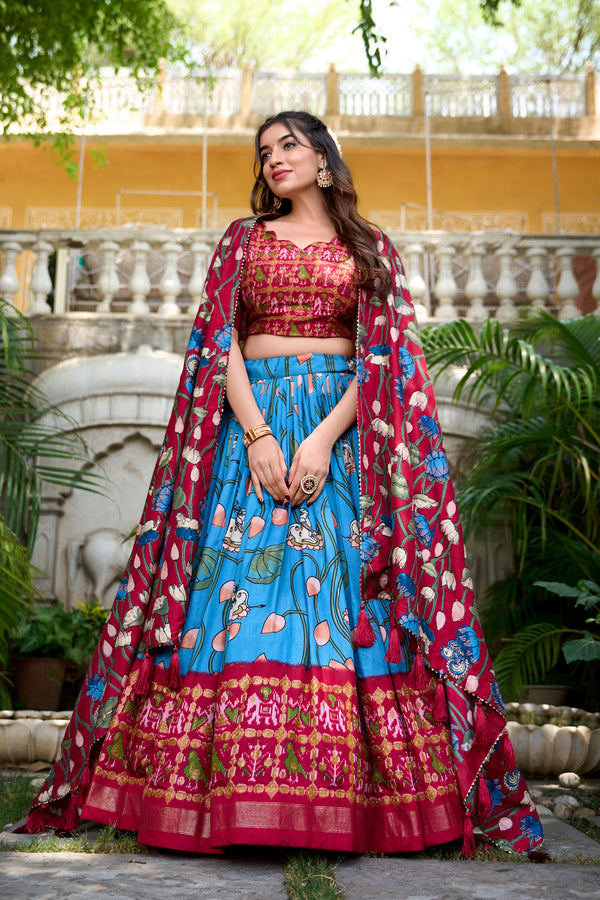 Firozi Tussar Silk Lehenga Choli with Pichwai & Patola Prints ClothsVilla