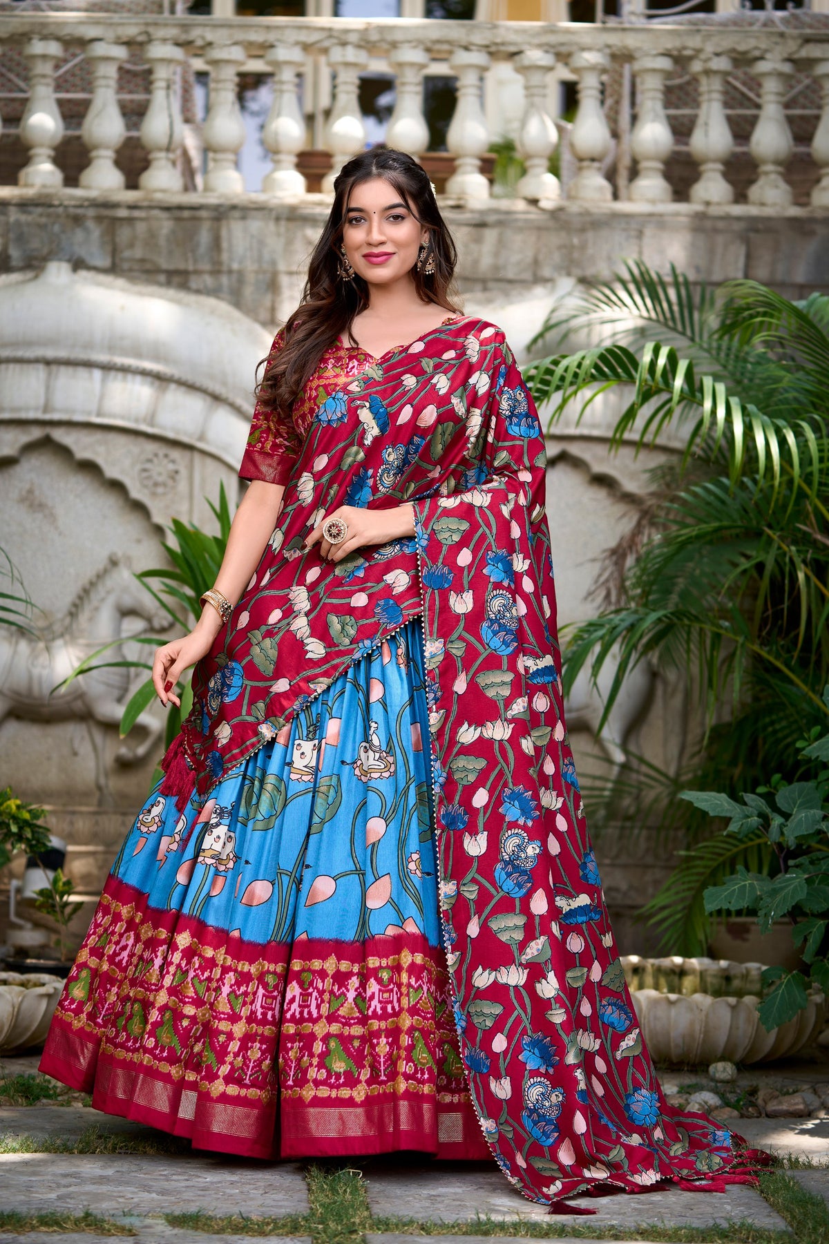 Firozi Tussar Silk Lehenga Choli with Pichwai & Patola Prints ClothsVilla Main image