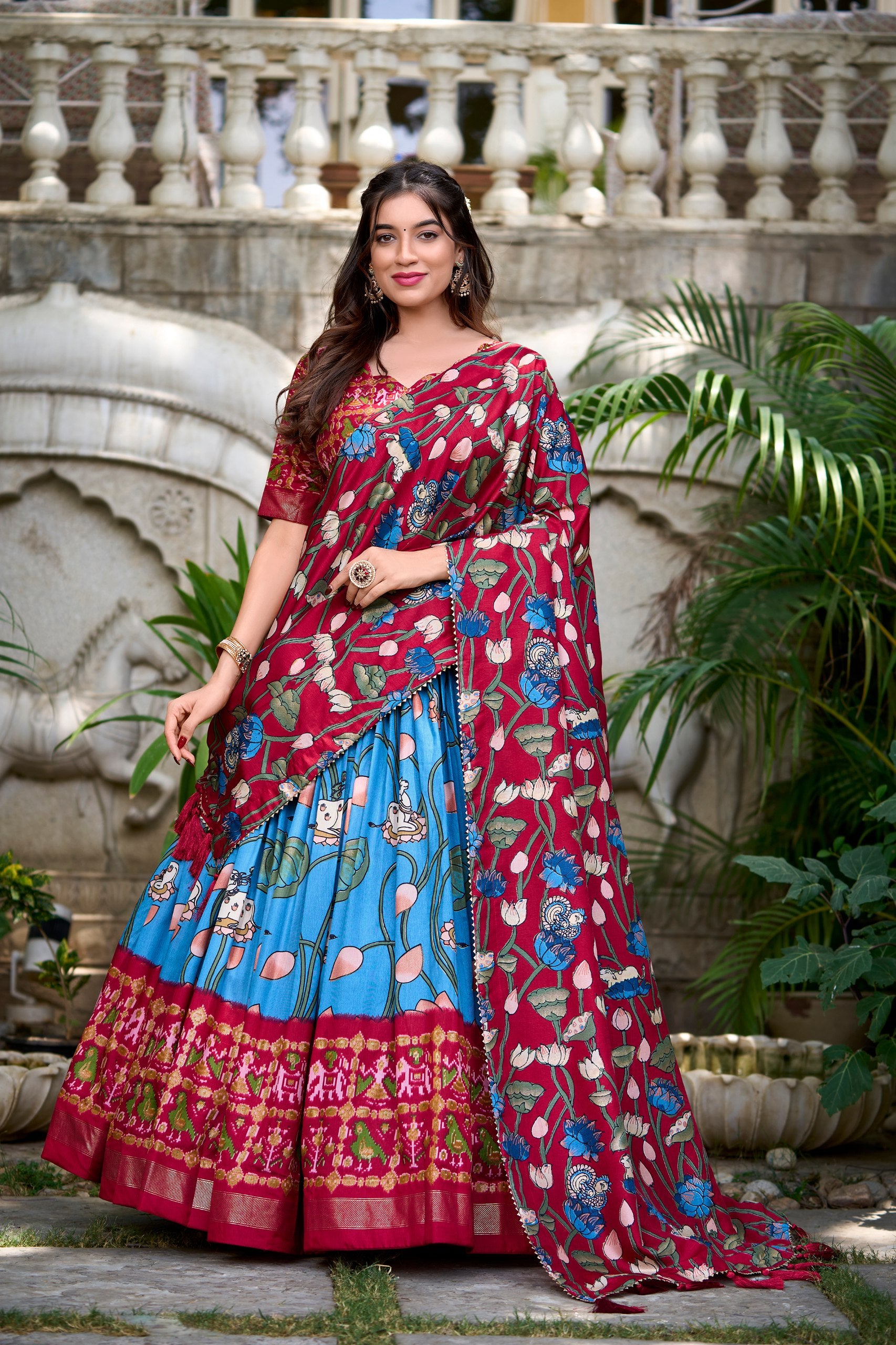 Firozi Tussar Silk Lehenga Choli with Pichwai & Patola Prints ClothsVilla Main image