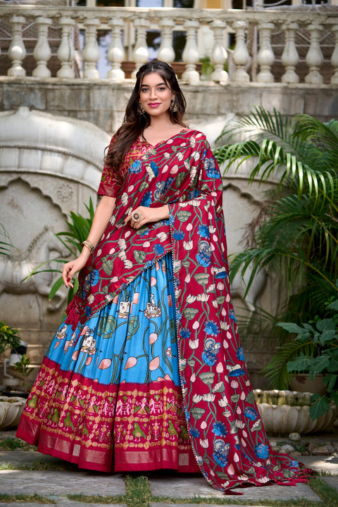 Firozi Tussar Silk Lehenga Choli with Pichwai & Patola Prints ClothsVilla Main image