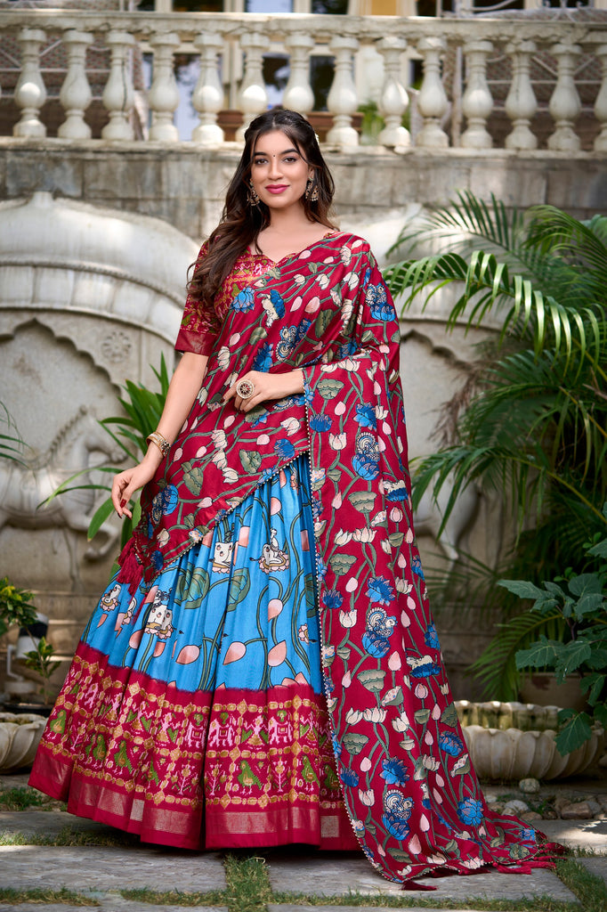 Firozi Tussar Silk Lehenga Choli with Pichwai & Patola Prints ClothsVilla