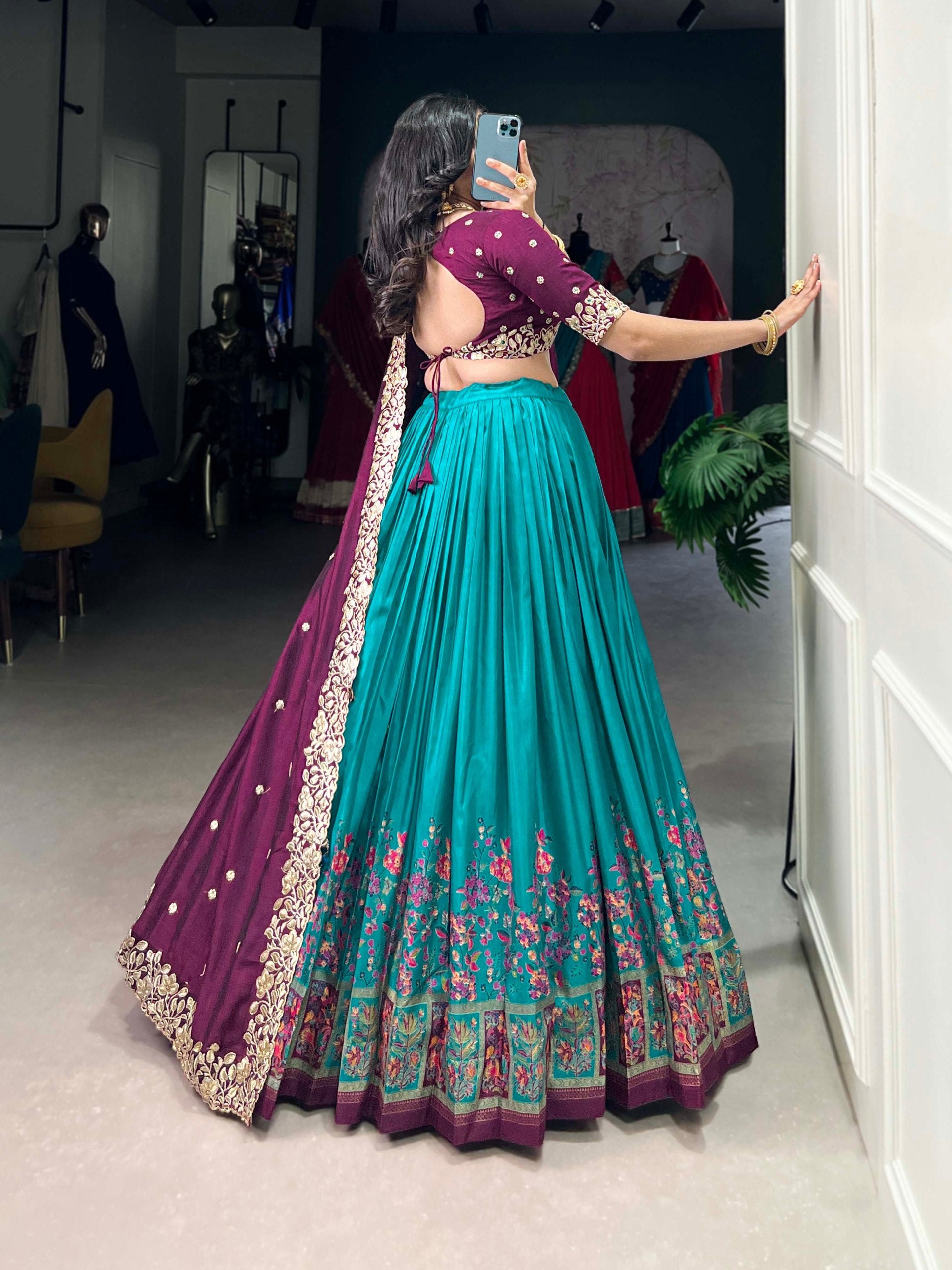 Firozi Tussar Silk Printed Lehenga Set with Embroidered Vichitra Silk Blouse & Dupatta Clothsvilla