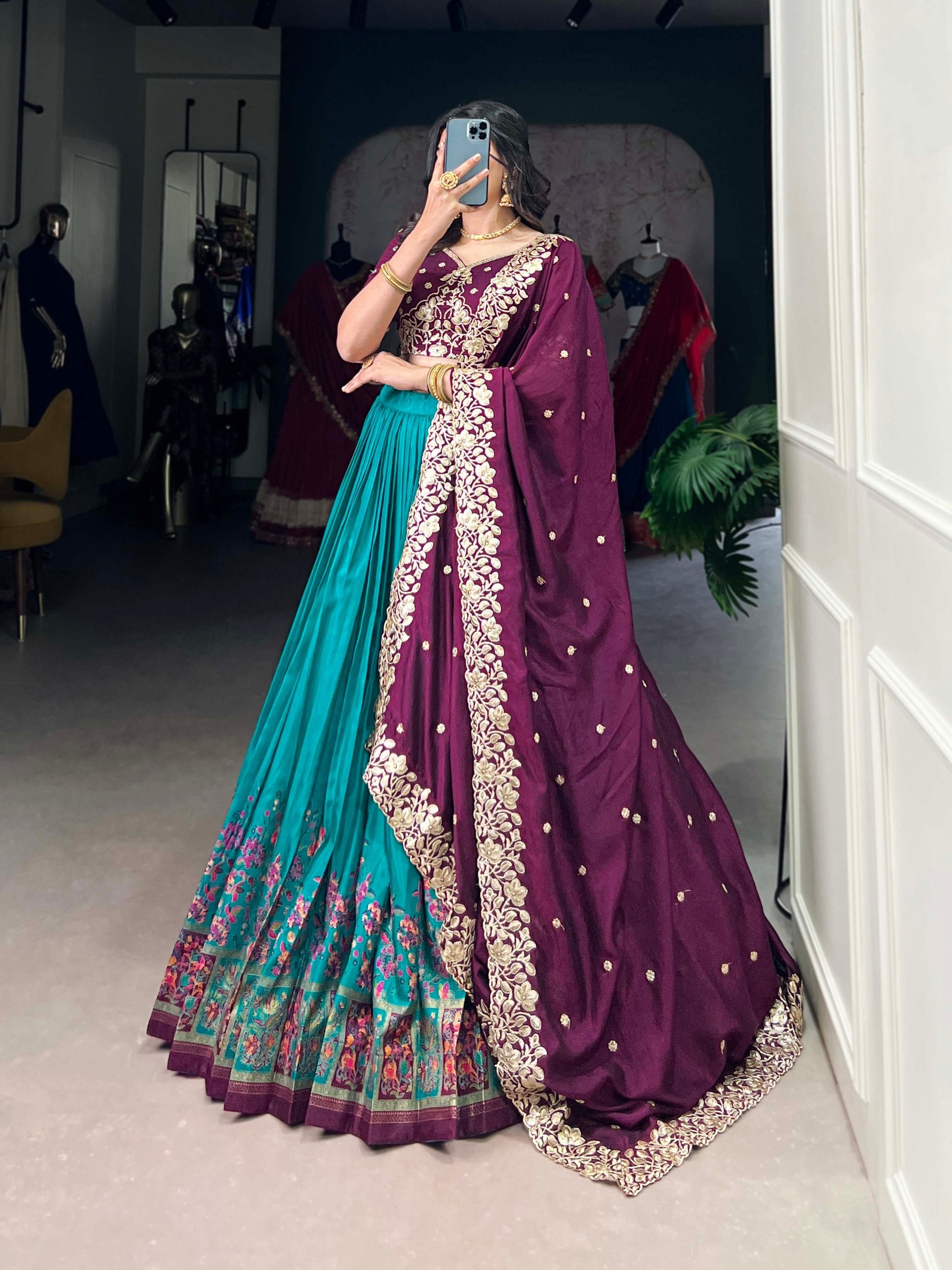 Firozi Tussar Silk Printed Lehenga Set with Embroidered Vichitra Silk Blouse & Dupatta Clothsvilla