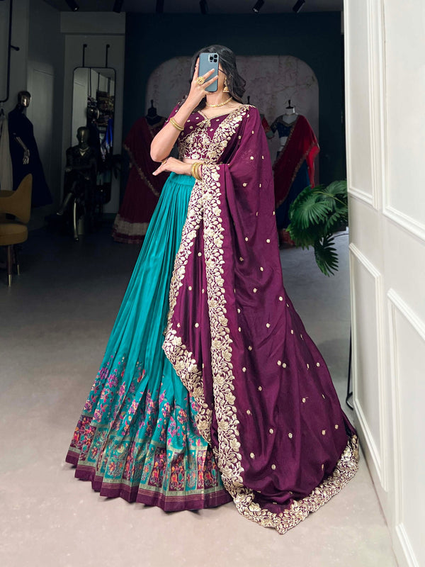 Firozi Tussar Silk Printed Lehenga Set with Embroidered Vichitra Silk Blouse & Dupatta Clothsvilla