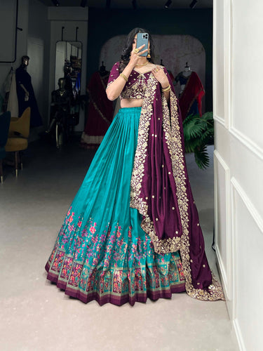 Firozi Tussar Silk Printed Lehenga Set with Embroidered Vichitra Silk Blouse & Dupatta Clothsvilla