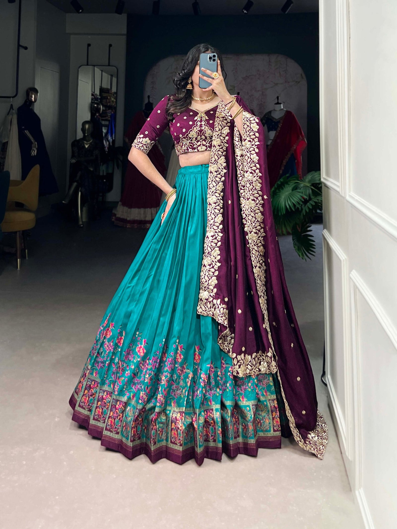 Firozi Tussar Silk Printed Lehenga Set with Embroidered Vichitra Silk Blouse & Dupatta Clothsvilla