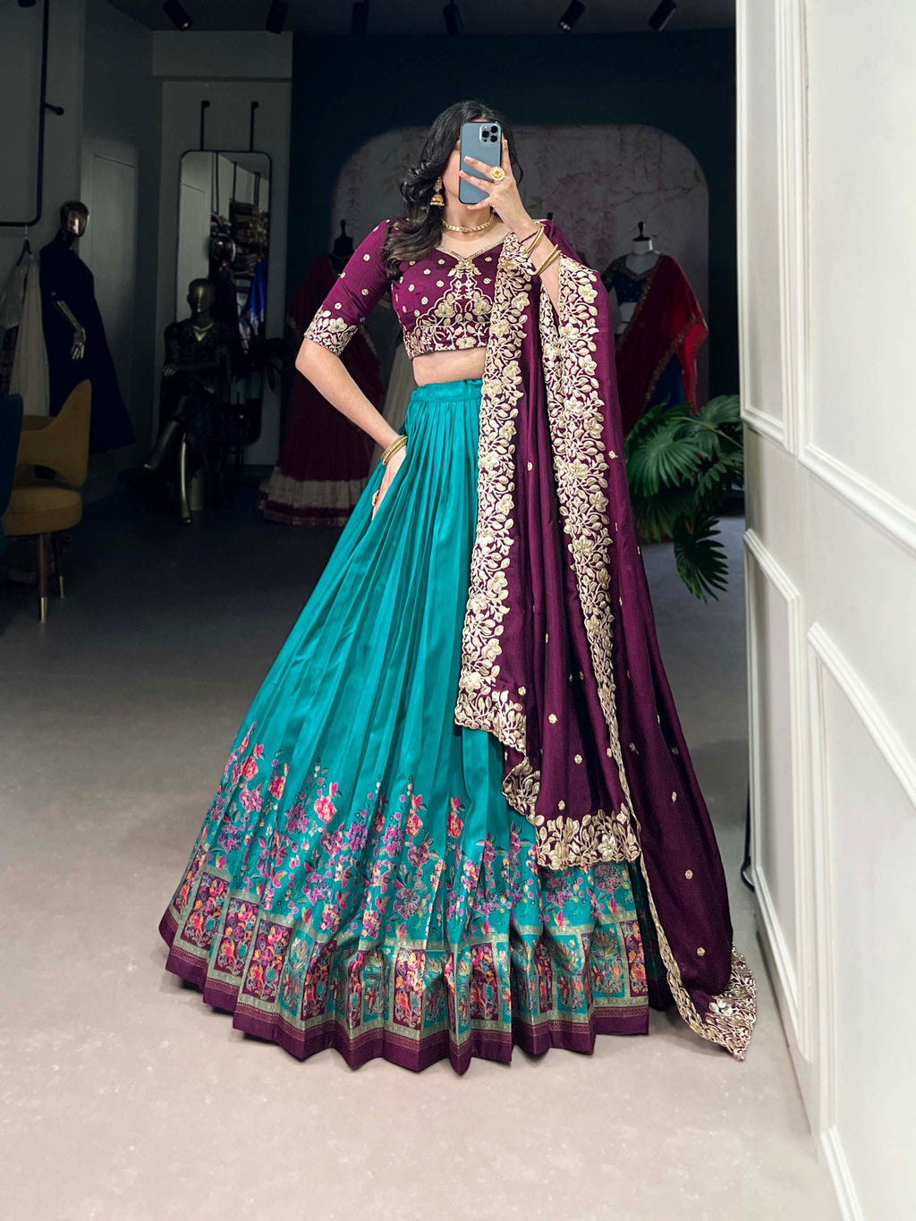 Firozi Tussar Silk Printed Lehenga Set with Embroidered Vichitra Silk Blouse & Dupatta Clothsvilla