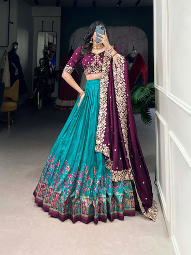 Firozi Tussar Silk Printed Lehenga Set with Embroidered Vichitra Silk Blouse & Dupatta Clothsvilla