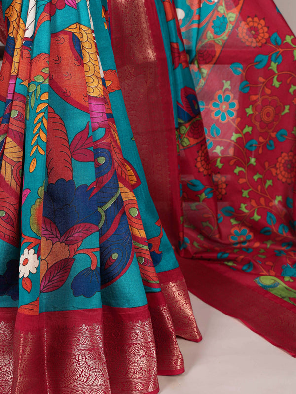 Firozi Tussar Silk Printed Saree with Zari Weaving Work & Viscose Border Blouse ClothsVilla