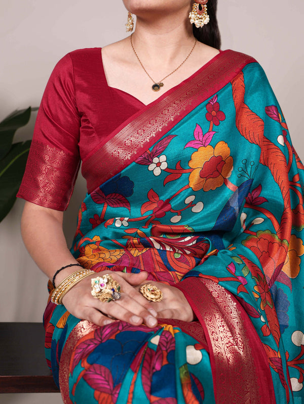 Firozi Tussar Silk Printed Saree with Zari Weaving Work & Viscose Border Blouse ClothsVilla