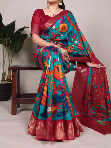 Firozi Tussar Silk Printed Saree with Zari Weaving Work & Viscose Border Blouse ClothsVilla