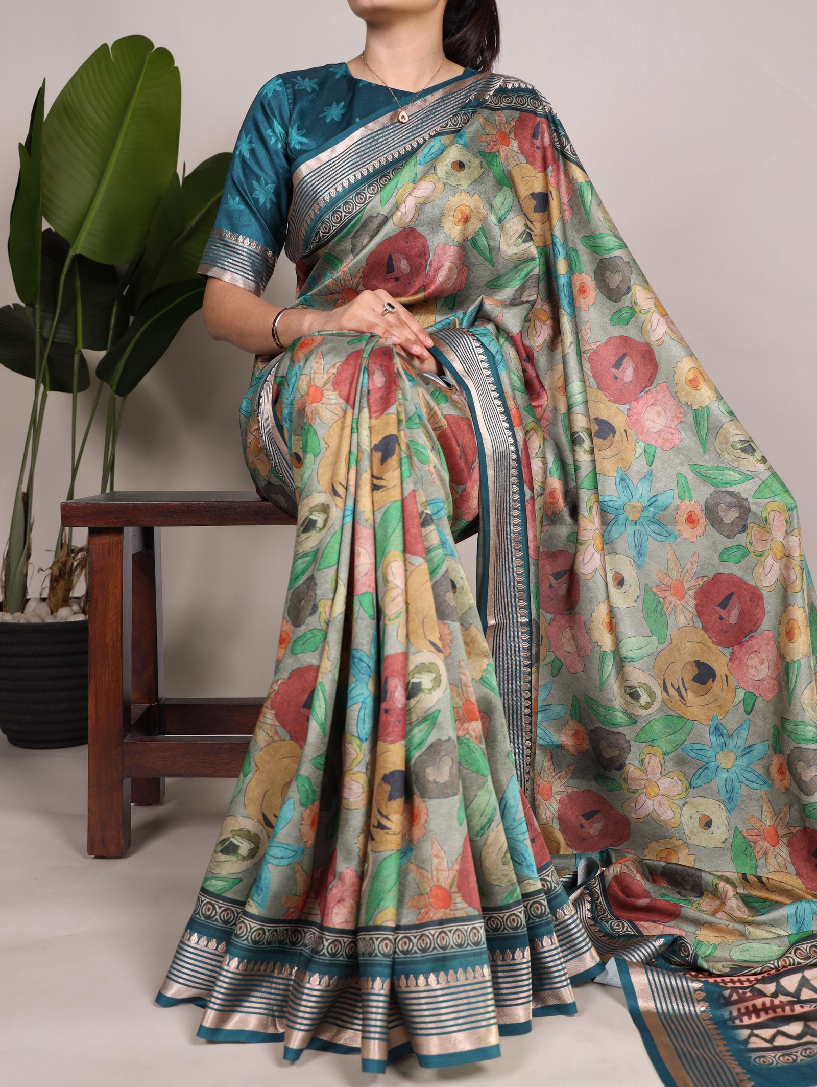 Firozi Tussar Silk Saree with Viscose Border – A Dreamy Blend of Elegance and Grace
