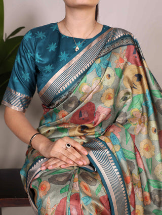Firozi Tussar Silk Saree with Viscose Border – A Dreamy Blend of Elegance and Grace