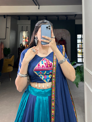 Firozi Vibrant Printed Silk Lehenga with Gamthi & Mirror Work ClothsVilla