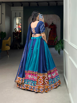 Firozi Vibrant Printed Silk Lehenga with Gamthi & Mirror Work ClothsVilla