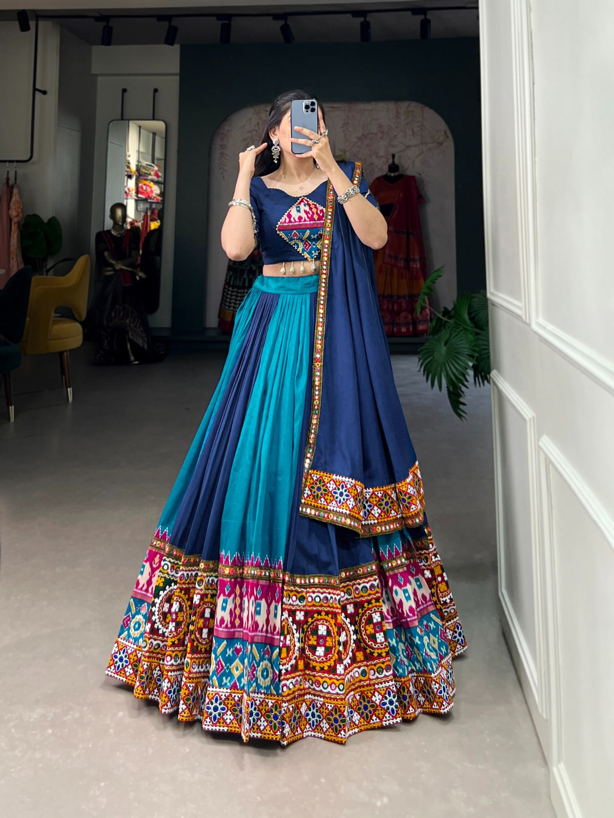 Firozi Vibrant Printed Silk Lehenga with Gamthi & Mirror Work Secondary image