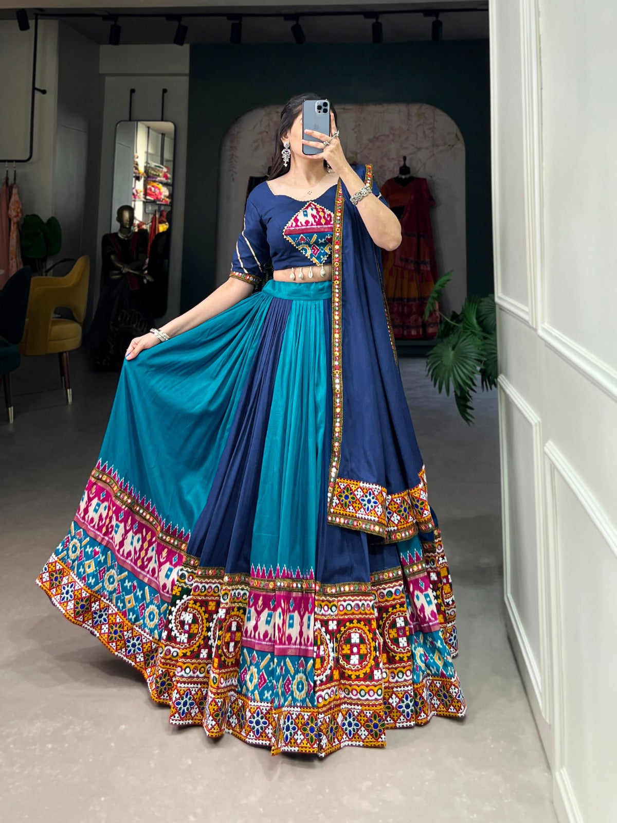 Firozi Vibrant Printed Silk Lehenga with Gamthi & Mirror Work ClothsVilla Main image