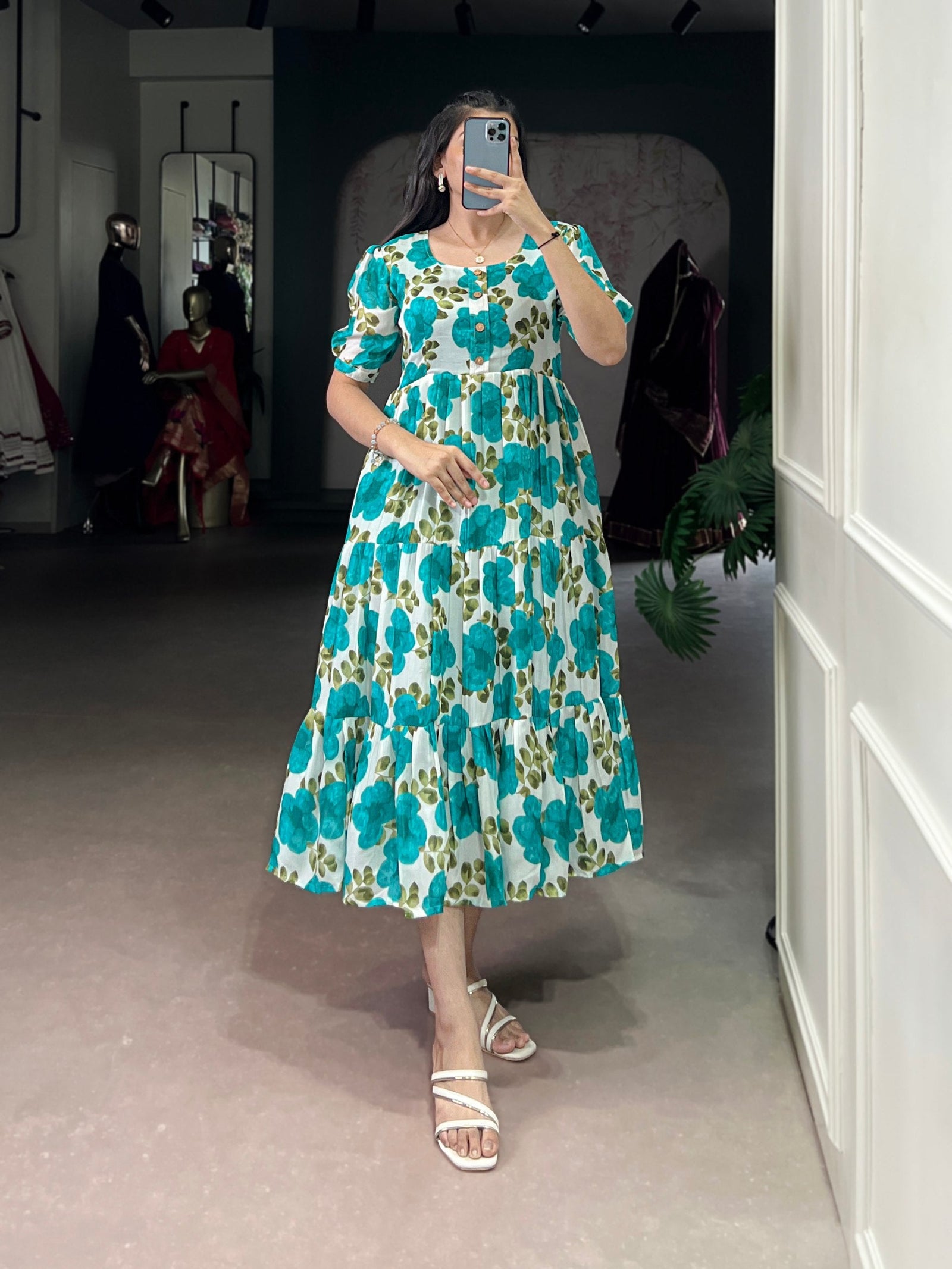 Firozi Vichitra Silk Floral Print Frock with 5-Meter Flair ClothsVilla