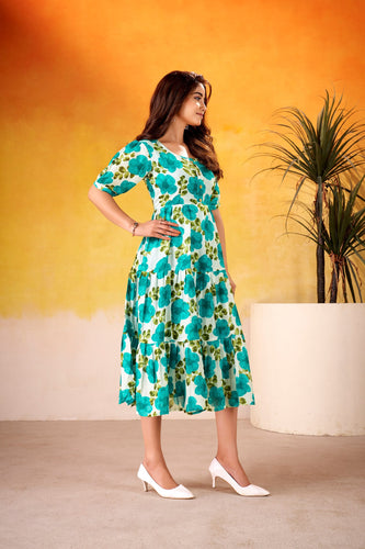 Firozi Vichitra Silk Floral Print Frock with 5-Meter Flair ClothsVilla