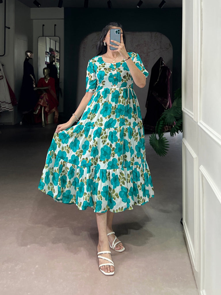 Firozi Vichitra Silk Floral Print Frock with 5-Meter Flair ClothsVilla